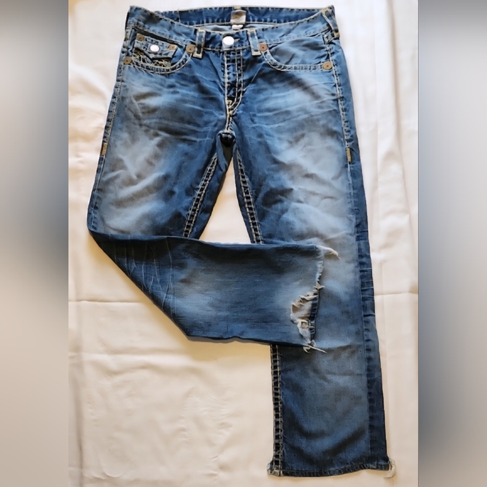 Y2K True Religion Joey T Wide Leg Jeans Stitching Hardware 🔥 38 Waist Raw Hem